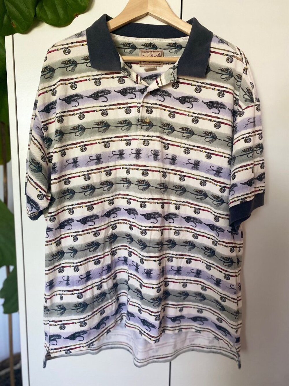 Vintage Woolrich Fishing Polo Fishing Lure Flies Men Sz L Off-white Fish 1990